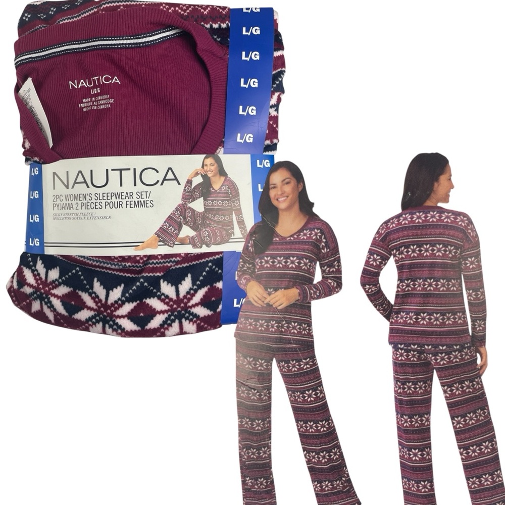Nautica Womens 2 Piece Fleece Pajama Sleepwear Set Fair Isle Size Large NWT